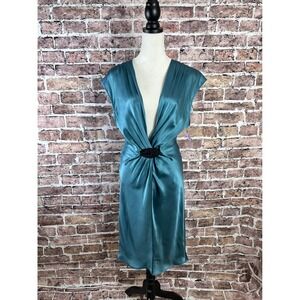 POLECI Teal 100% Silken Drape Front Ruched Knot Waist Cap Sleeve Midi Dress SZ 8
